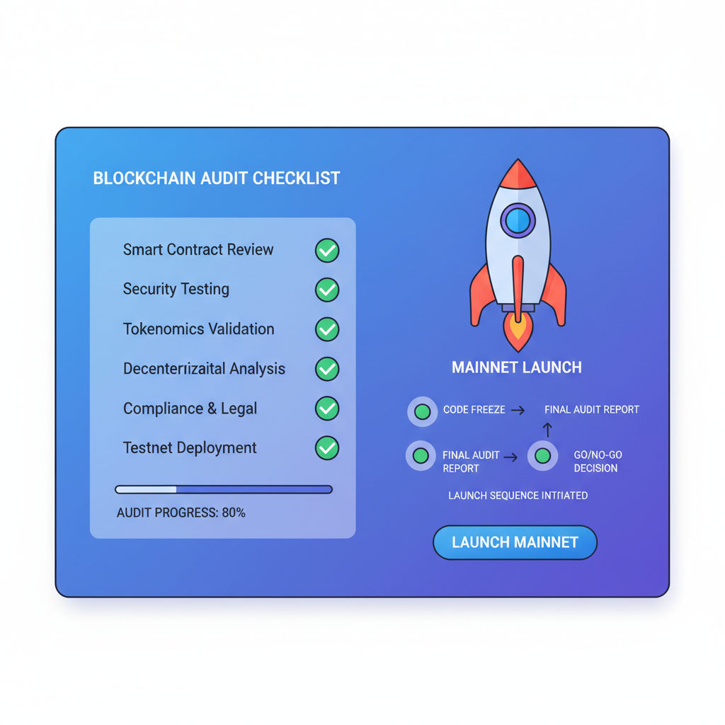 Blockchain audit checklist and mainnet launch rocket, professional dashboard interface