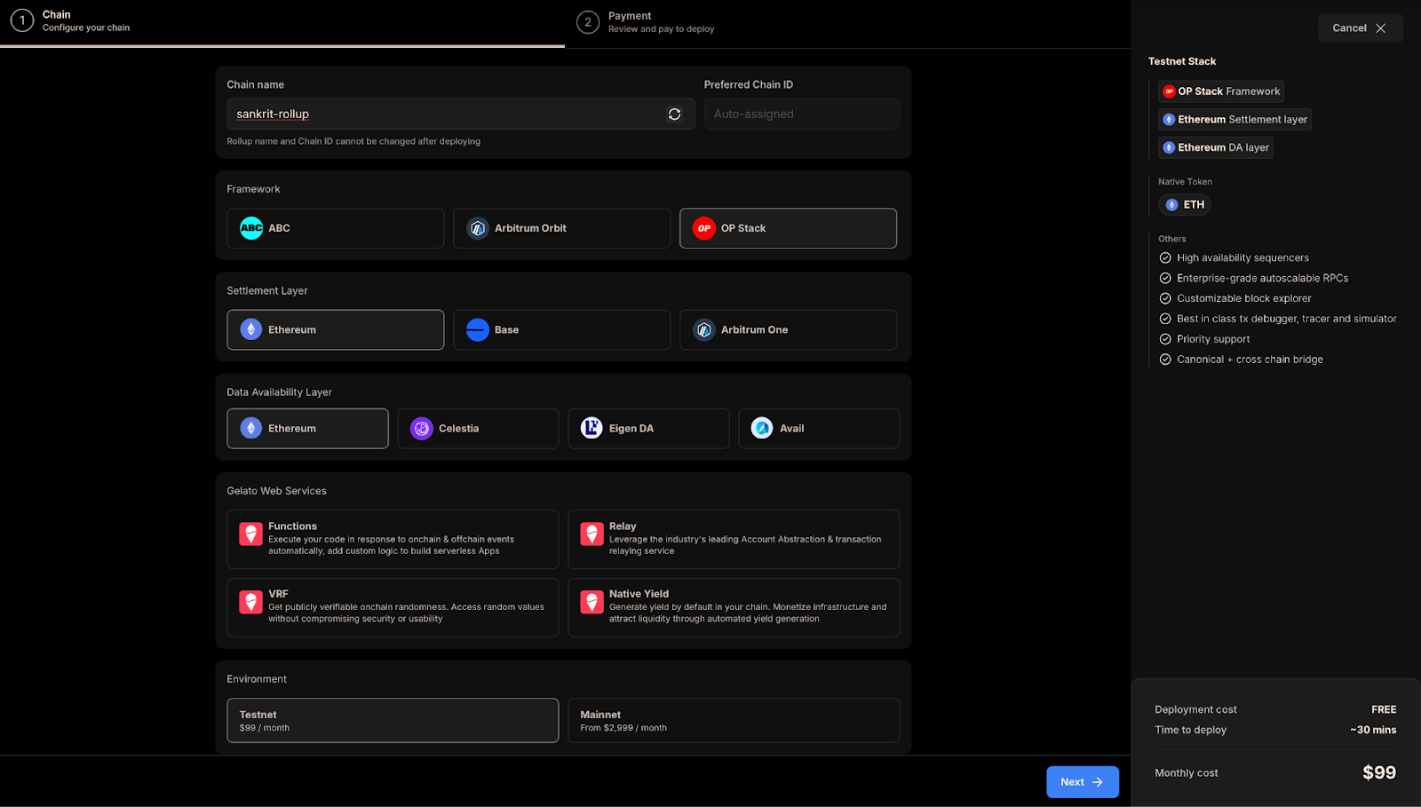 AltLayer OP Stack rollup deployment interface