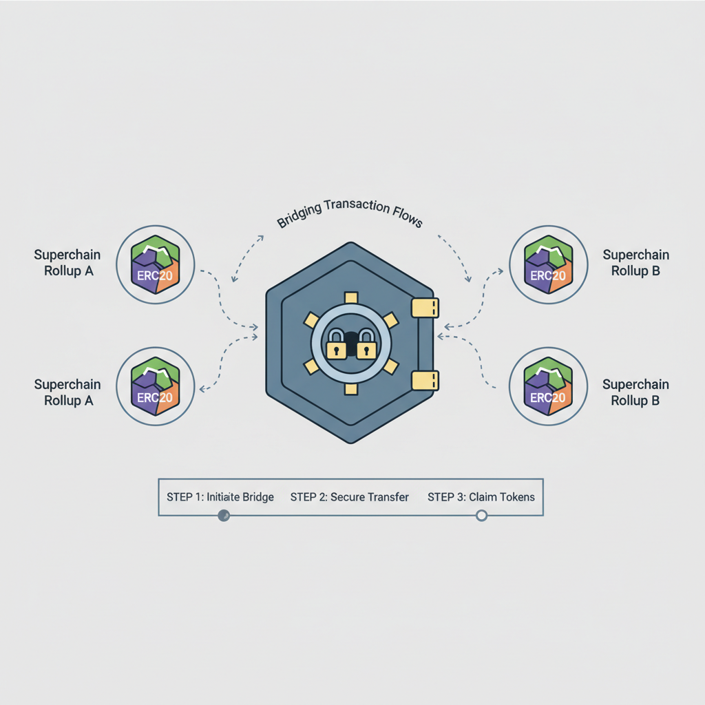 ERC20 token icons bridging between Superchain rollups, secure vault with locks, transaction flows