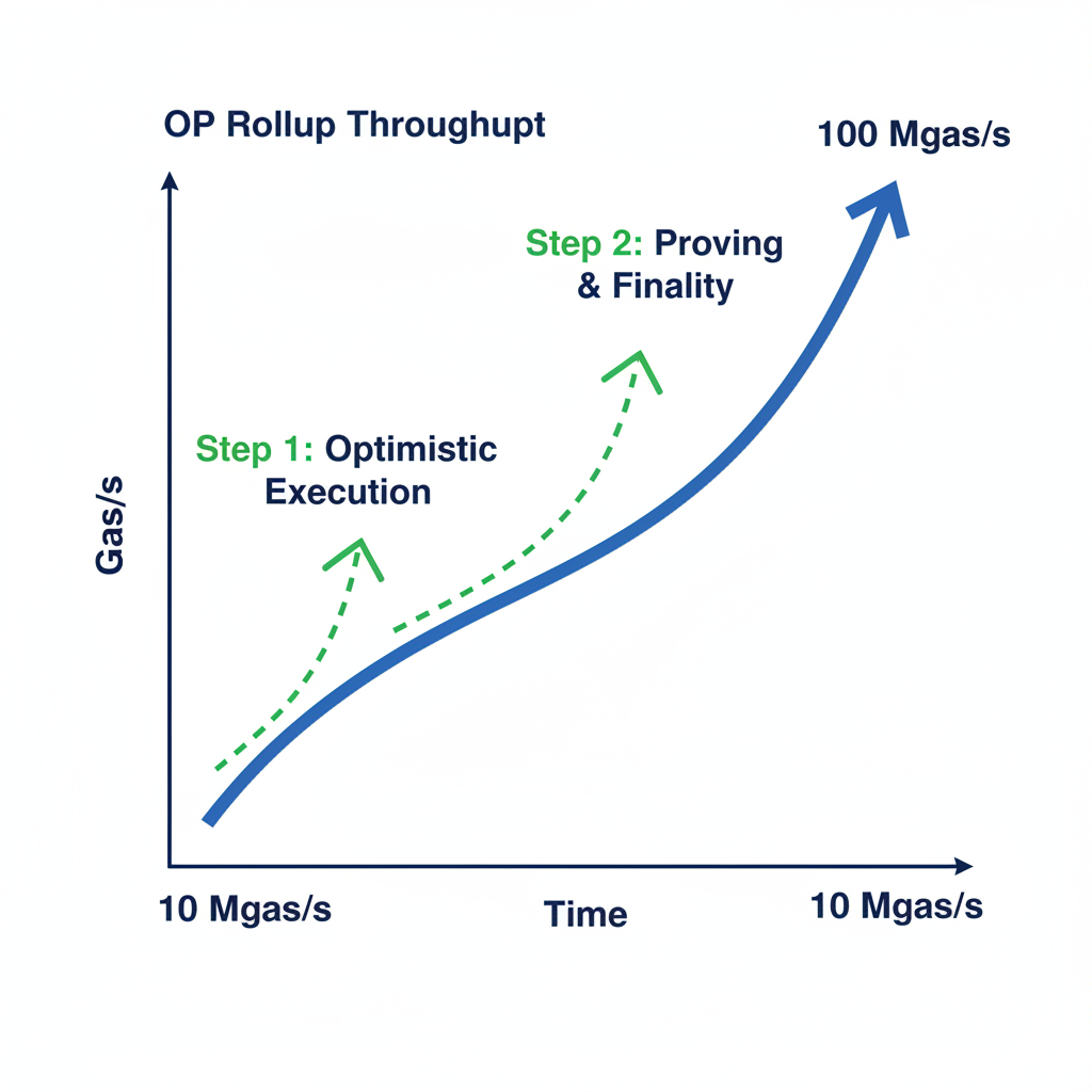 graph showing OP rollup throughput scaling from 10 to 100 Mgas/s with growth arrows