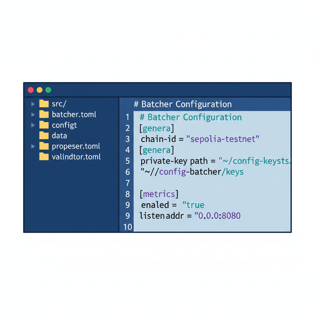 TOML config files in terminal editor, graphs of batcher proposer metrics