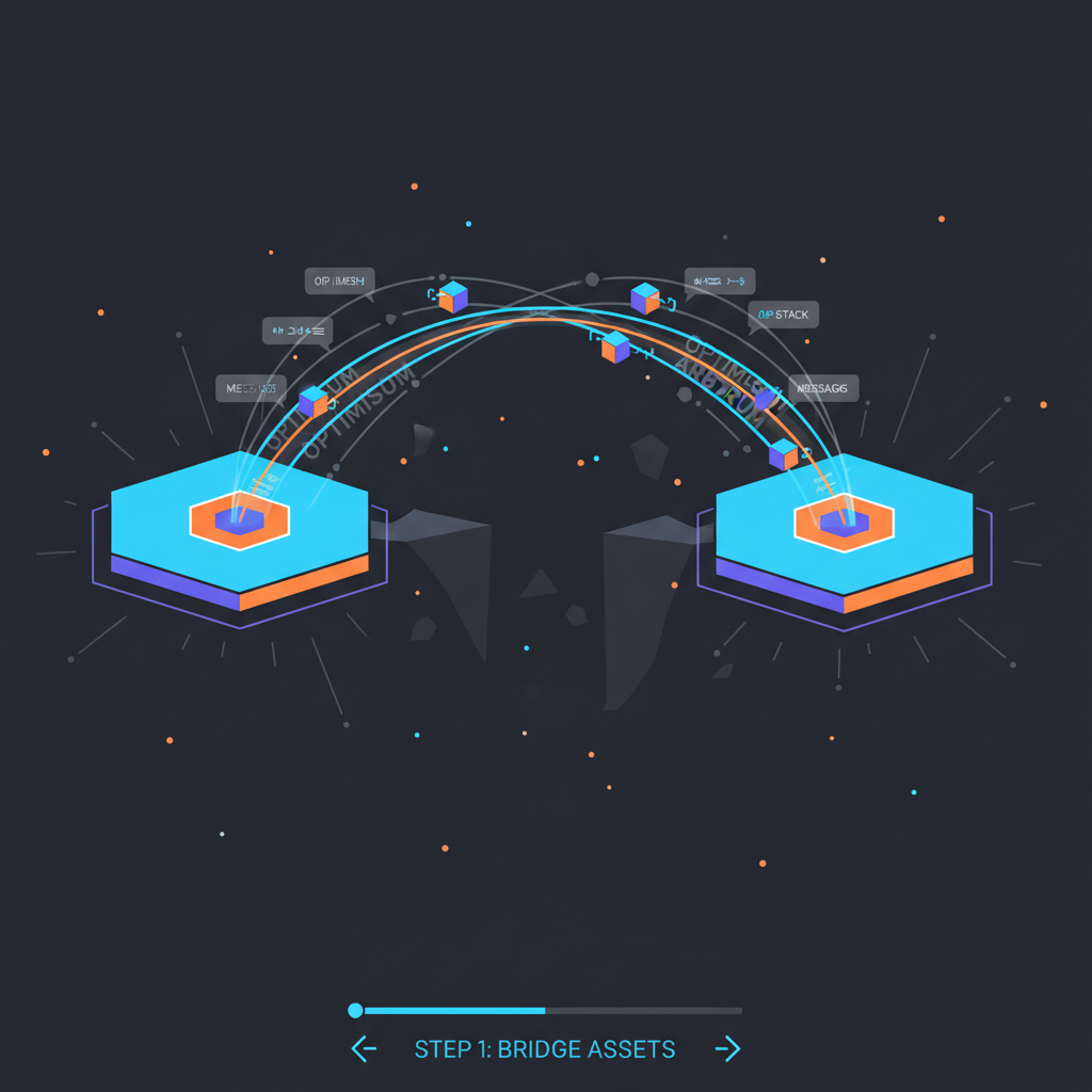 blockchain bridges glowing with messages passing between OP Superchain nodes, data packets flowing