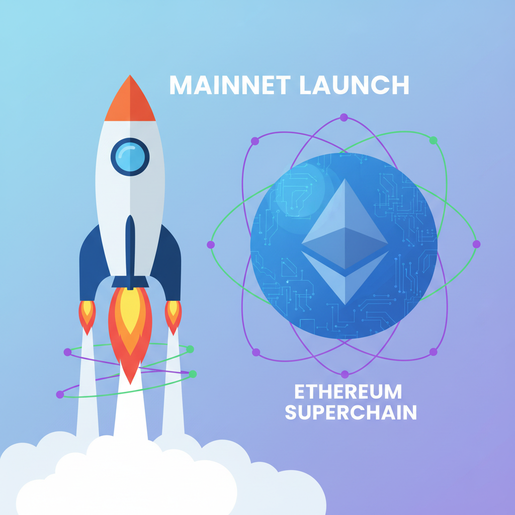 mainnet launch rocket blasting off, Ethereum globe with Superchain orbits