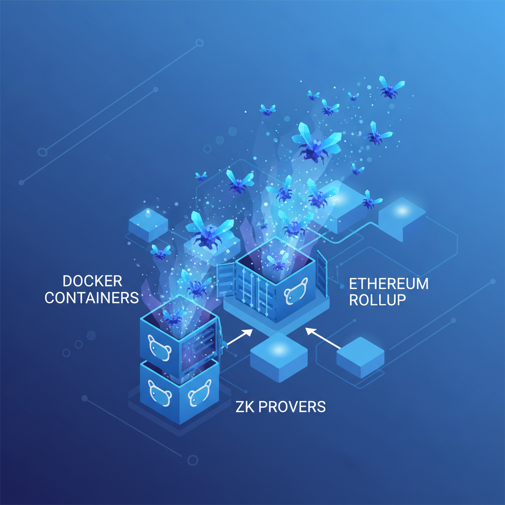 swarm of glowing ZK provers deploying from docker containers onto Ethereum rollup chain, dynamic action scene