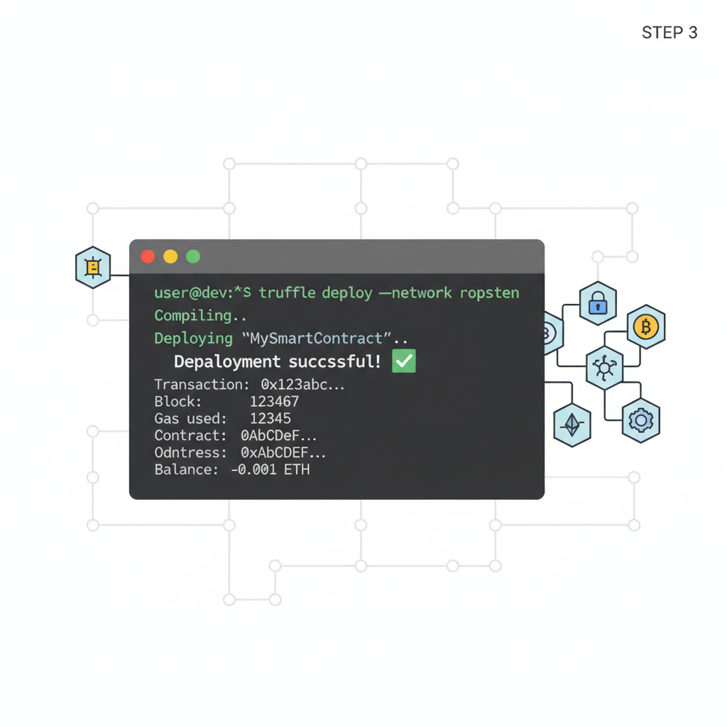 deploying smart contracts terminal output success, blockchain icons