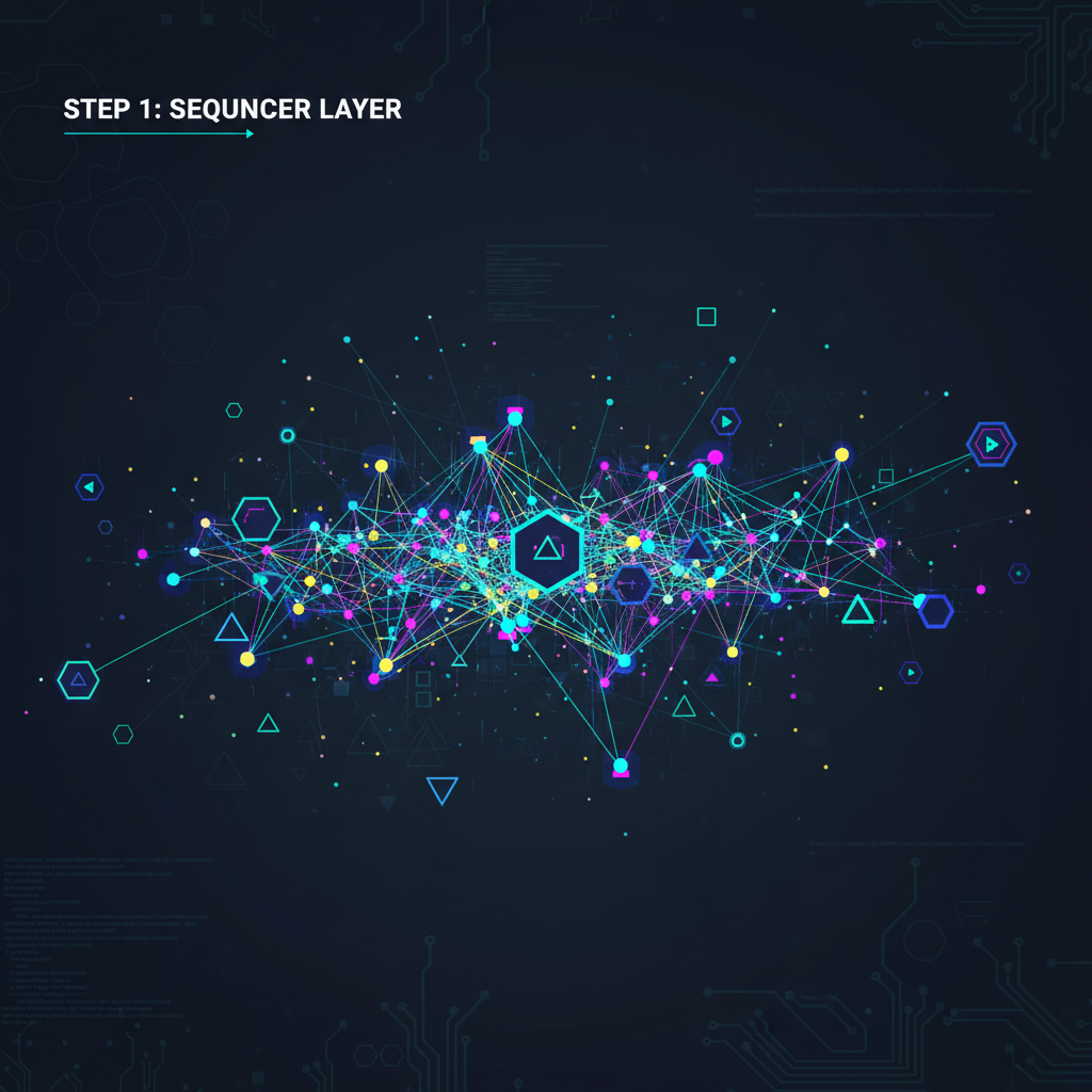 decentralized network of nodes forming shared sequencer layer, glowing connections, cyberpunk aesthetic