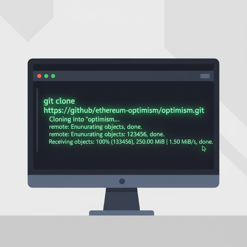 git clone command in terminal cloning optimism repo, code glowing green