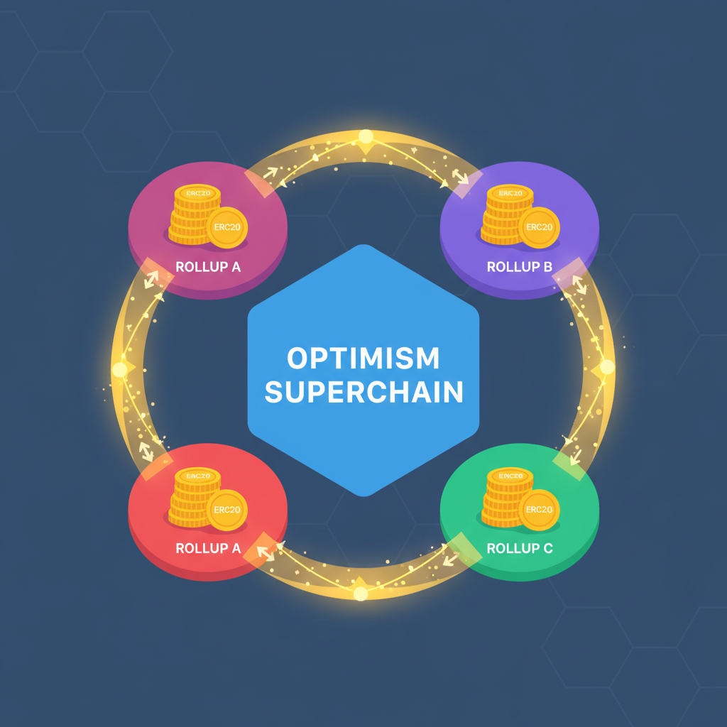 user bridging ERC20 tokens across interconnected Optimism Superchain rollups with glowing bridges