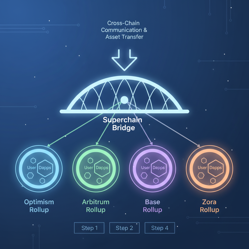 cross-chain bridge Superchain diagram interconnected rollups glowing