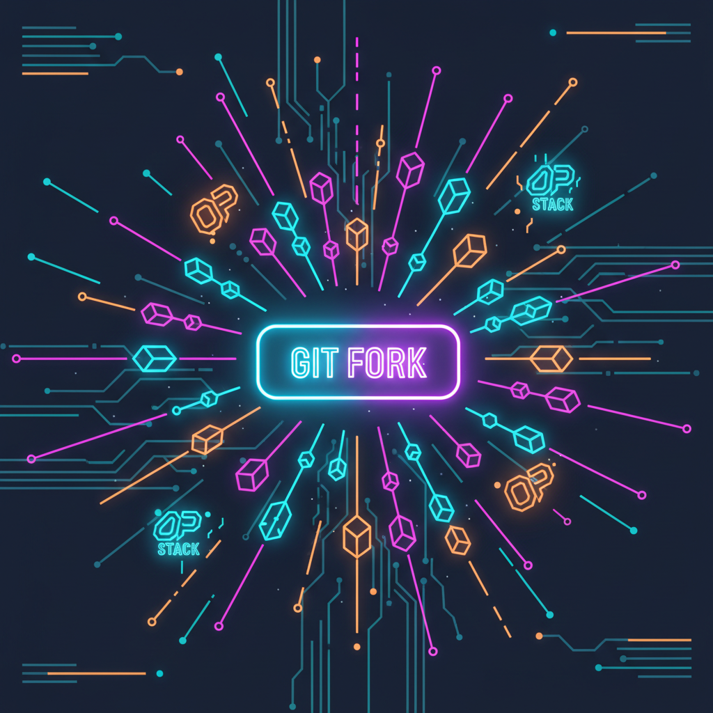 glowing git fork button exploding with blockchain chains and OP Stack logos, cyberpunk neon style