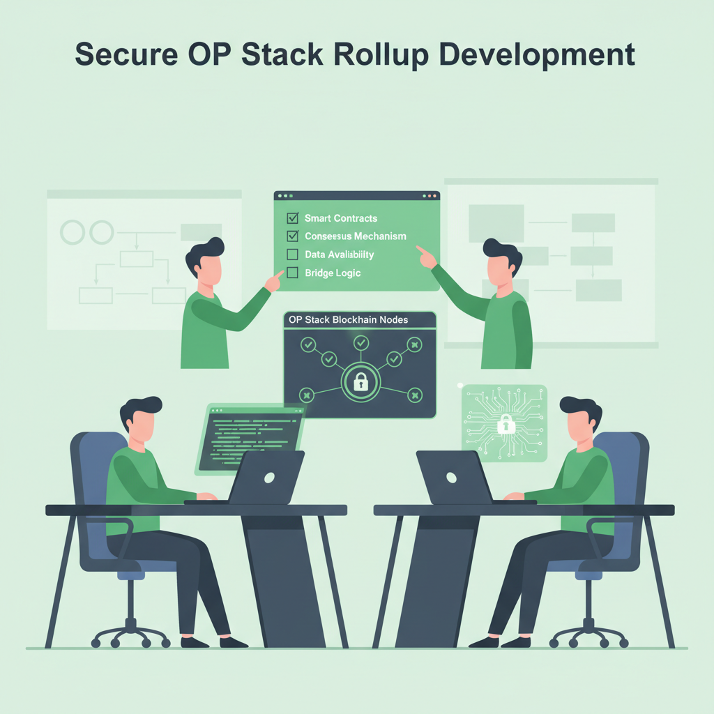 developers coding OP Stack rollup on laptops, security audit checklists, blockchain nodes diagram, tech workspace, green secure glow
